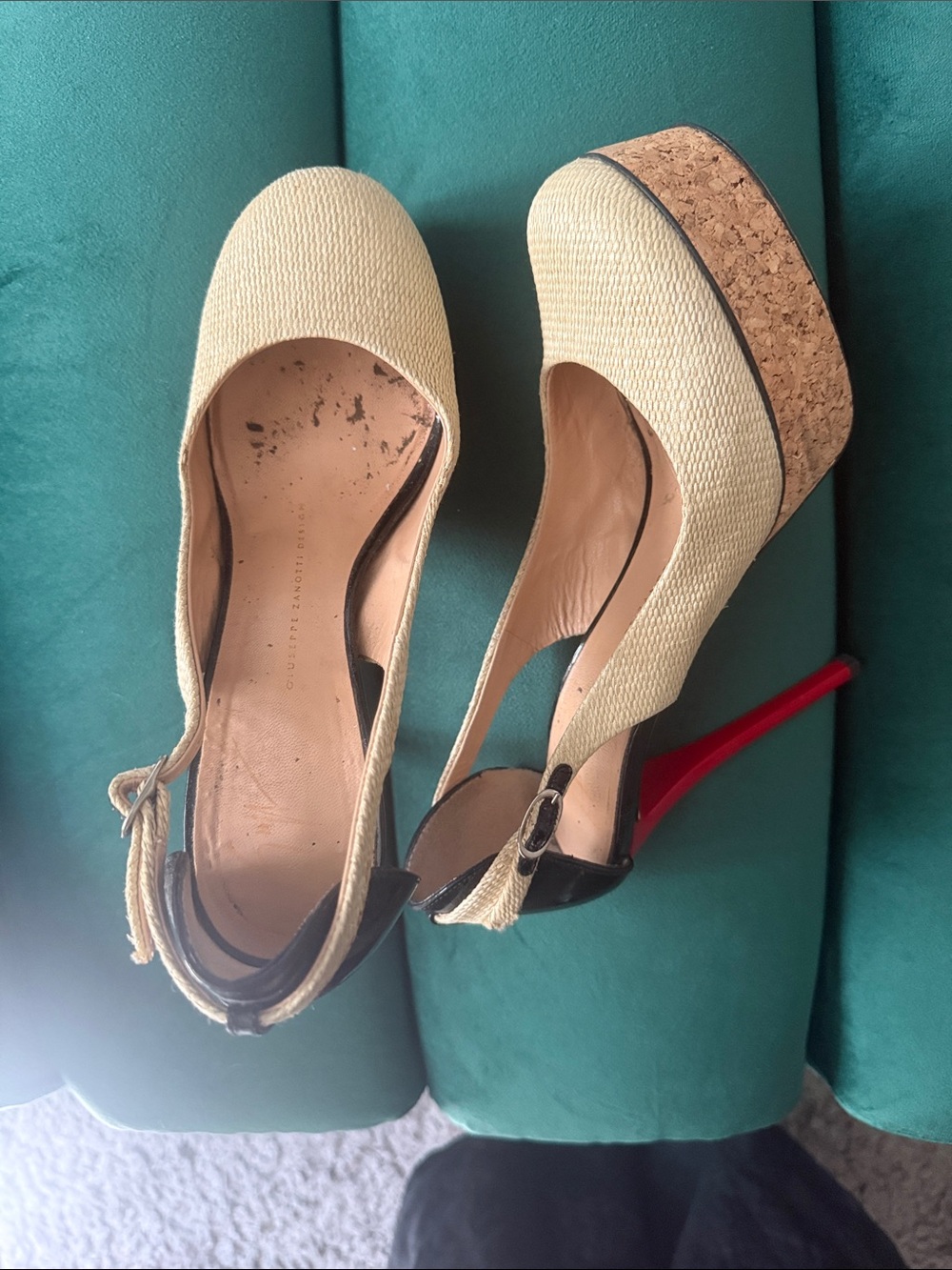 Giuseppe Zanotti Beige Raffia Platform Pumps with Red Heel Accent
